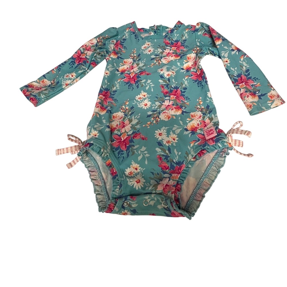 RuffleButts Girls Teal Floral Long Sleeve Rash Guard Swimsuit 18-24M Ruffles